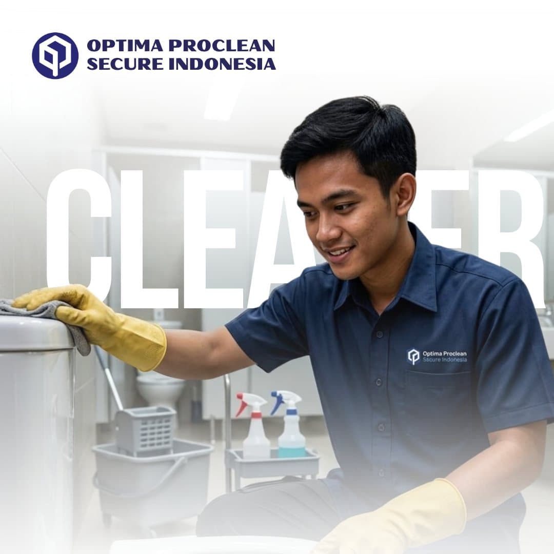 Petugas cleaner OPTIMA berseragam navy sedang membersihkan toilet