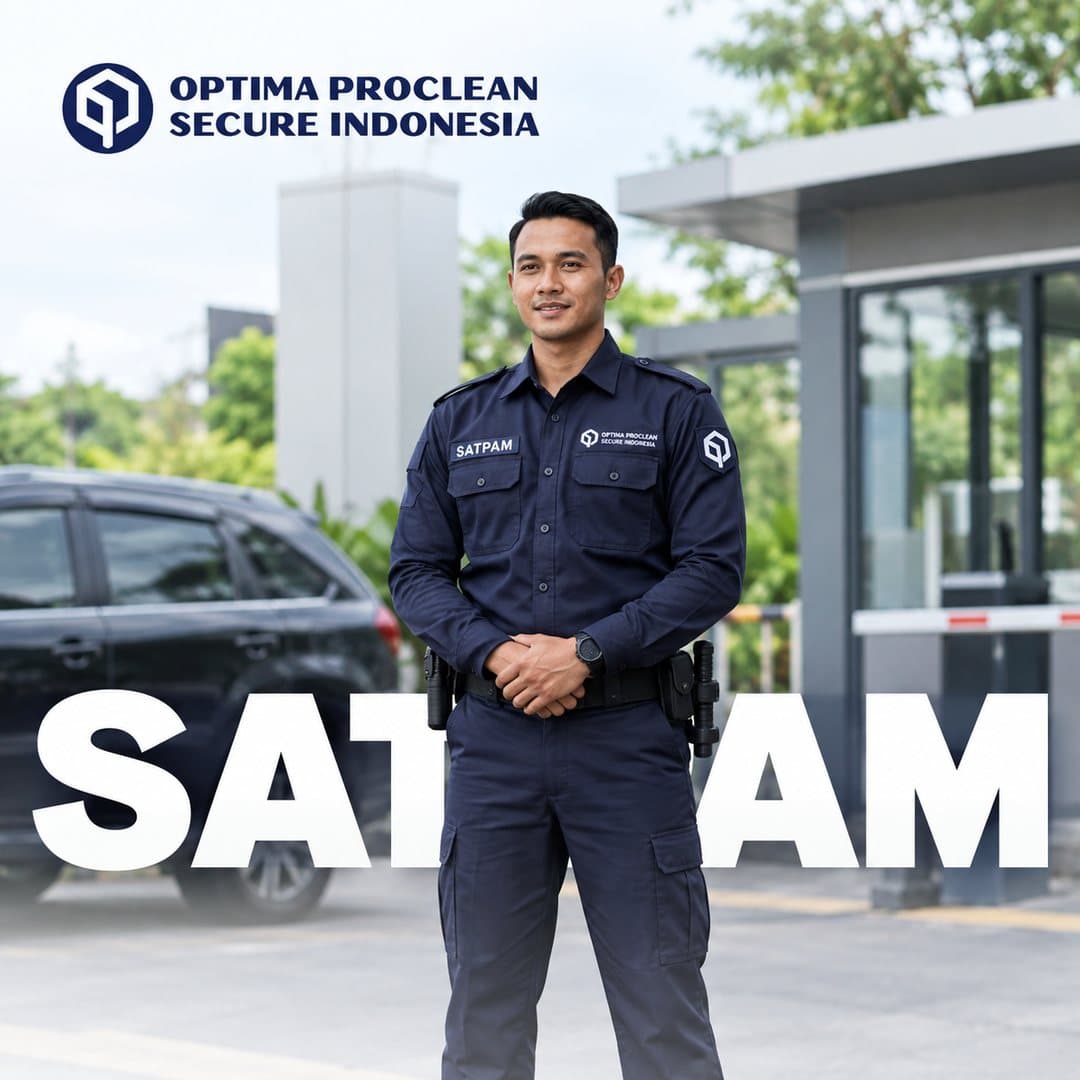 Satpam OPTIMA berseragam navy berjaga di depan pos keamanan